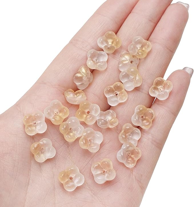 100PCS Glass Flower Beads for Jewelry Making 4 Petal Flower Bead Caps Gradient Cute Floral Beads Aesthetic Charms for Necklace Bracelets Earrings DIY Craft Home Decoration-Gold