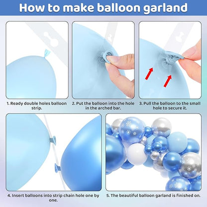 Amandir 153pcs Blue White Balloon Arch Garland Kit, Different Sizes 18 12 10 5 inch Blue Silver Latex Metallic Confetti Snowflake Balloons for Winter Wonderland Princess Baby Shower Party Decorations