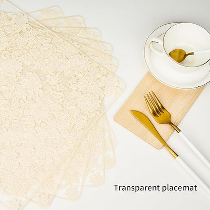 Clear Placemats Set of 6 Rectangle - PVC Place Mats with Beige Flower Carft Table Protector for Kitchen Dining Room, Wahsable Heat Resistant Non-Slip Reversible Table Mats