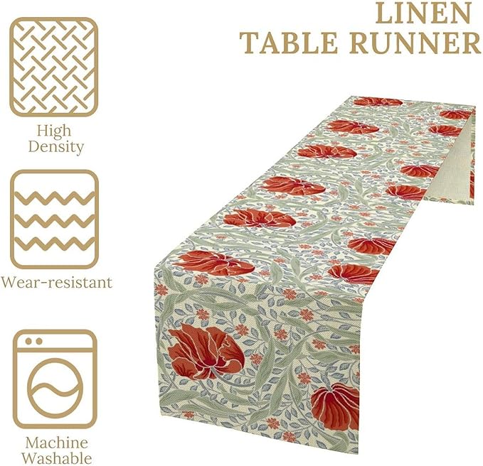 William Morris Table Runner, Retro Red Flowers Green Botanical Country Farmhouse Tabletop Decoration for Kitchen Dining Home Party 13x120 Inch