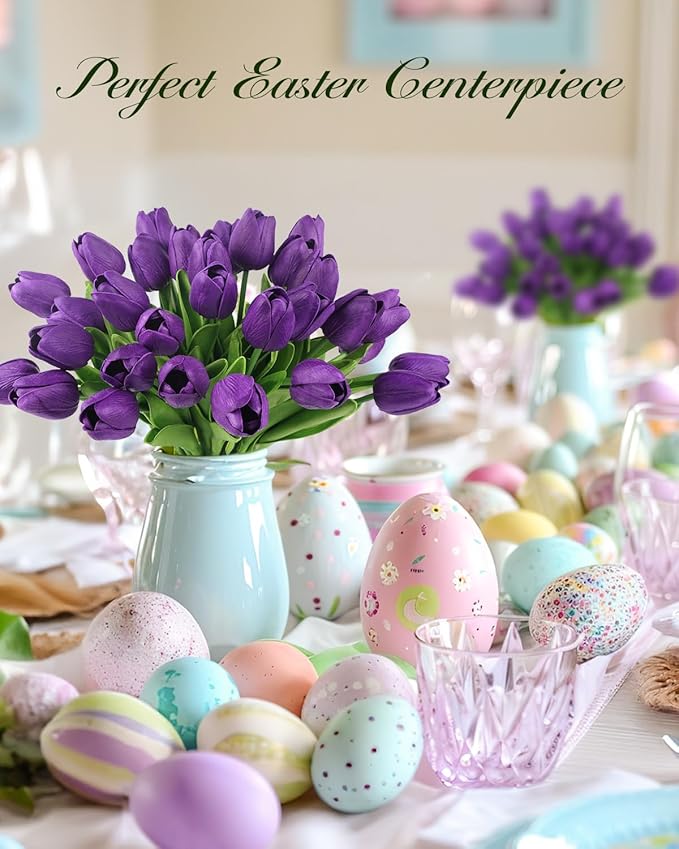 MACTING 30 PCS Artificial Tulip Flowers 13.7" Real Touch Fake PU Tulips Bouquet Faux Purple Flowers for Floral Arrangements Table Centerpiece Kitchen Home Indoor Outdoor Summer Decorations