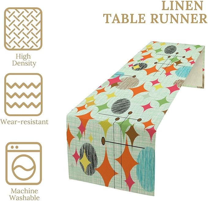 Mid Century Table Runner,Abstract Retro Modern Geometric Colorful Stripe Pattern Print Tablecloth Burlap for Hotel Indoors Outdoor Dining Room Kitchen Holiday Party, 13x108in