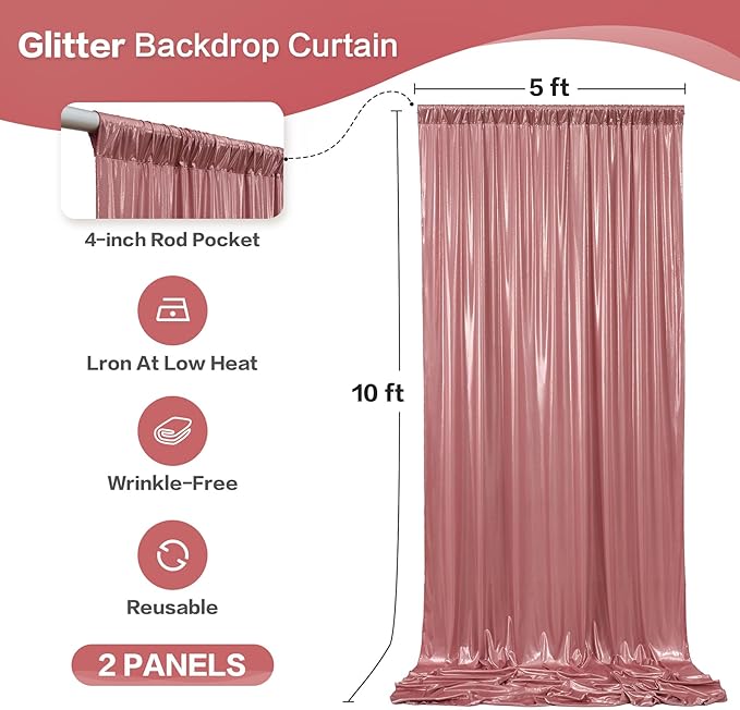 gogoparti 10x10FT Rose Gold Sequin Backdrop Curtain - 2 Panels of 5x10FT Wrinkle-Free Glitter Drapes for Photography, Birthdays, Weddings & Graduations