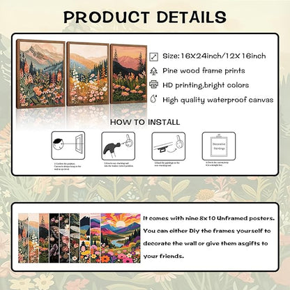 Colorful Nature Floral Wall Art Set of 3 24x16in Wood Framed, with 9 Bonus 8x10in Poster Art Prints, Boho Retro Wildflower Landscape Artwork Wall Decor for Living Room Bedroom Home Decor