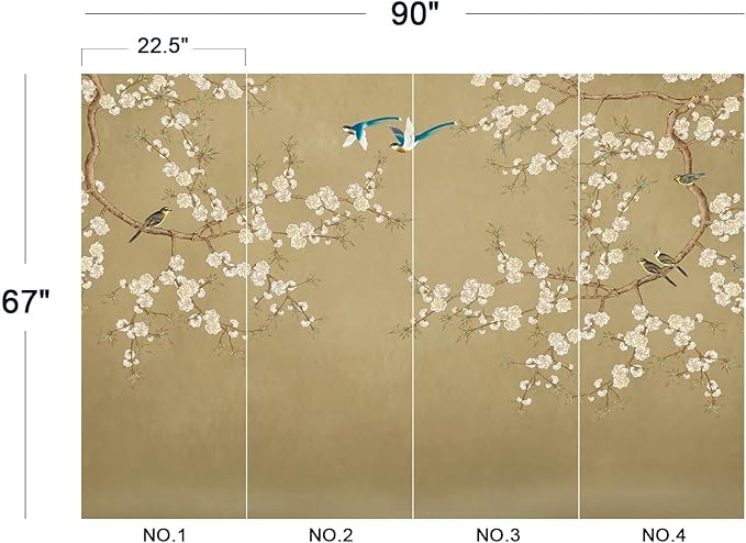 Eierme-Beautiful Background China Art. Flower with Bird Mural Wallpaper Peel and Stick 90" x 67"