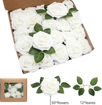 Artificial Roses Flowers 50pcs Real Looking Foam Fake Roses with Stems for DIY Wedding Bouquets Bridal Shower Centerpieces Party Decorations (50, White)