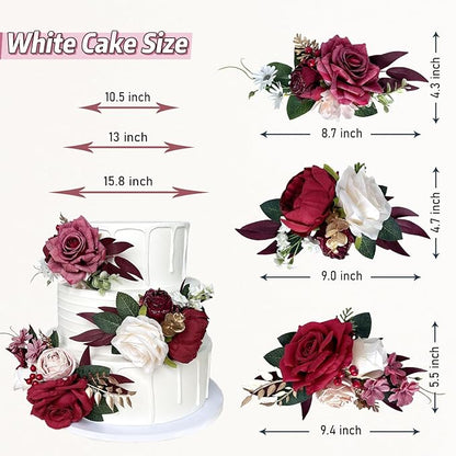 Pre-Made Burgundy Gold Silk Flowers for Cakes Decorations Dark Red Artificial Rose Peony Wedding Cake Toppers Decorating Fake Floral Anniversary Birthday Party Arrangements Table