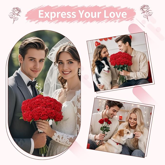 102 PCS Red Roses Artificial Flowers, Fake Red Rose Bouquet, Artificial Silk Red Roses with Stems for Wedding Flowers Decoration, Valentines Day Mothers Day, Bridal Bouquet Roses