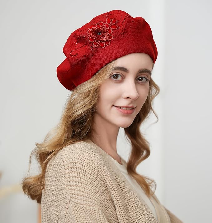 Flower Embroidery Beret Hat for Women, French Style Knitted Beret Hats, Stylish Solid Color Beret Cap for Women Girls Lady