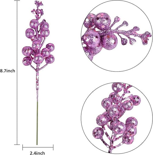 Lvydec 16pcs Christmas Glitter Berry Stems Clearance, 7.8" Artificial Christmas Picks for Christmas Tree Ornaments, DIY Xmas Wreath, Crafts, Holiday and Home Decor (Light Purple)