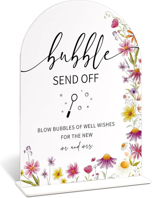 Bubble Send off Sign for Wedding Table Decor, Wild Flower Arch Acrylic Wedding Signs for Reception, Love Is In Bloom Bridal Shower Floral Engagement Party Decorations, 6x8 Inch