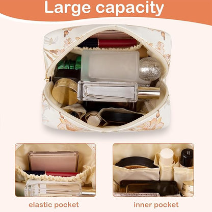 Floral Waterproof Makeup Bag, Leather Cosmetic Bag with Compartments, Zipper Make up Pouch Organizer, Portable Storage Travel Toiletry Bag Gifts for Women Girls(Purple Flower)