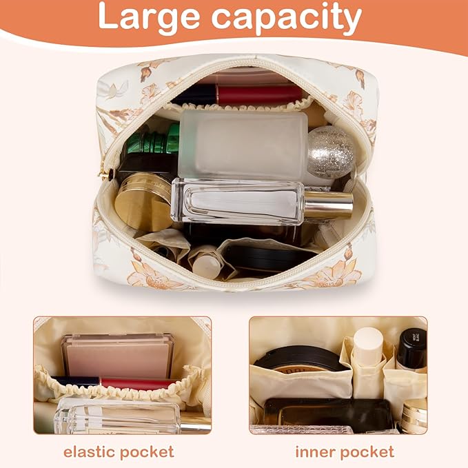 Floral Waterproof Makeup Bag, Leather Cosmetic Bag with Compartments, Zipper Make up Pouch Organizer, Portable Storage Travel Toiletry Bag Gifts for Women Girls(Black Flower)