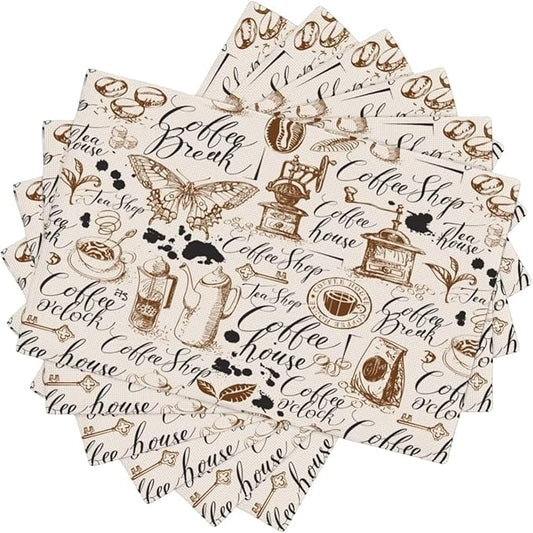 Coffee Theme Linen Placemats Set of 6 Vintage Coffee Cup Table Mats Heat Resistant Place Mats for Home Party Kitchen Dining Decoration 12x18 Inch