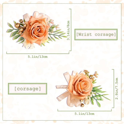 2 Pcs Rose Wrist Corsage and Boutonniere Set, Rose Corsage Hand for Women, Boutonniere for Men Wedding Artificial Flowers Accessories Prom Decor, Wedding Party Accessories (Orange)