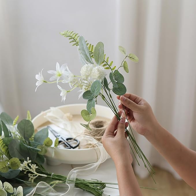 VIERENA Artificial Greenery Stems Box Set(Pack of 65pcs) with 8 Kinds of Faux Plants and Fake Flowers for DIY Wedding Bouquet Table Centerpieces and Floral Arrangement (Beige&Dusty Green)