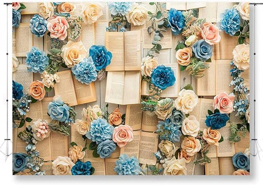 7x5FT Vintage Books Wall Backdrop Pink and Blue Rose Spring Flowers Books Page Backdrop for Kid Girls Birthday Party Decor Baby Shower Wedding Decoration Supplies KUBDJ1094