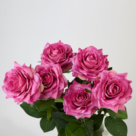 Real Touch Artificial Roses 6pcs, Floyd Roses,17.3”Faux Silk Roses Bouquet for Home Decor, Wedding Centerpieces, Romantic Gifts & Party Arrangements, Fuchsia Realistic Flowers (Pink)