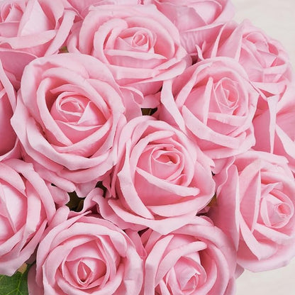BLEUM CADE 100 Pcs Pink Roses Artificial Flowers, Real Touch Velvet Roses Fake Flowers Bulk, Artificial Roses Bouquet with Long Stems Bridal DIY Wedding Party Centerpiece Decorations