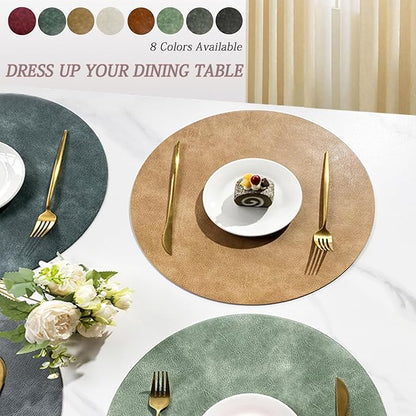 UnivoColors PU Leather Placemats Set of 6,15" Round Washed Cowhide Pattern Table Mats for Dining Table, Kitchen, Party Decoration(Retro Beige)