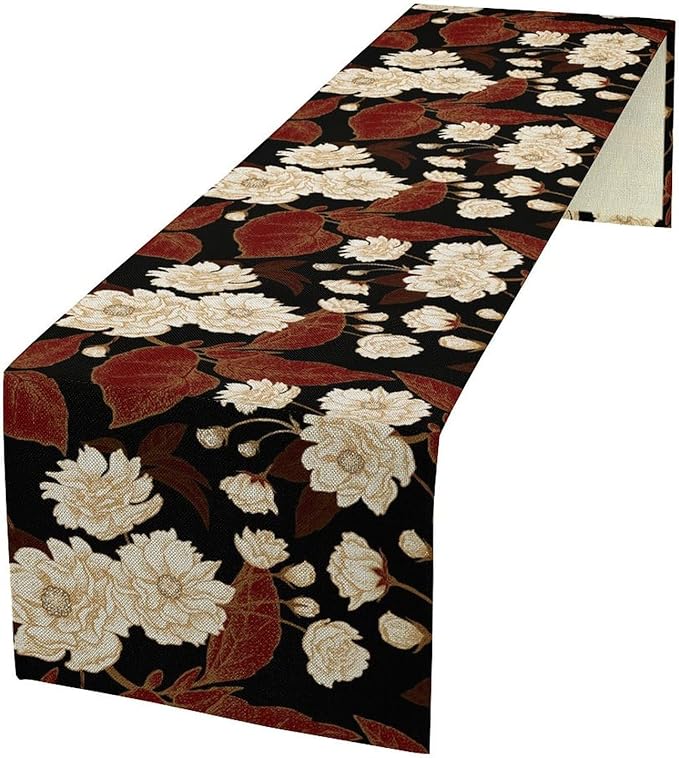 Vintage Flowers Table Runner,Boho Red Gold Floral Plant Print Art Table Runner for Home Kitchen Table Dining Indoor Outdoor Party Decor 13x108 Inch