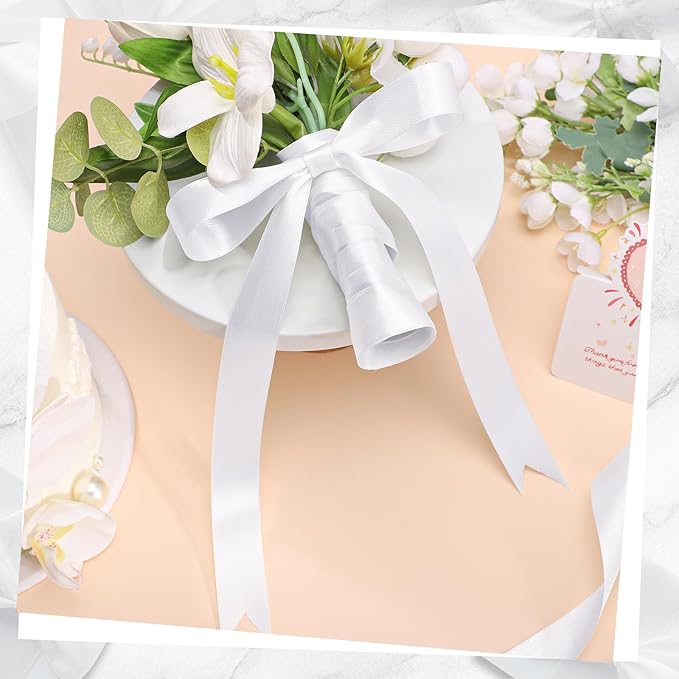 White Ribbon 1 inch 60 Yards Double Faced White Satin Ribbon for Crafts DIY Hair Chair Cheer Bows Gift Wrapping Christmas Bedroom Decor Flower Bouquet Wedding Invitation
