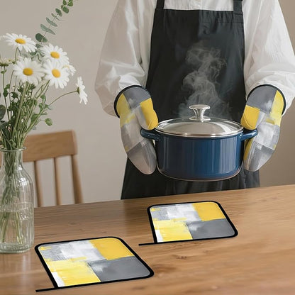 Yellow Gray Modern Art Oven Mitts and Pot Holders,Heat Resistant Oven Mitts Gloves and Pot Holder for Home Kitchen Decorations Cooking Baking BBQ Gifts,Set of 4