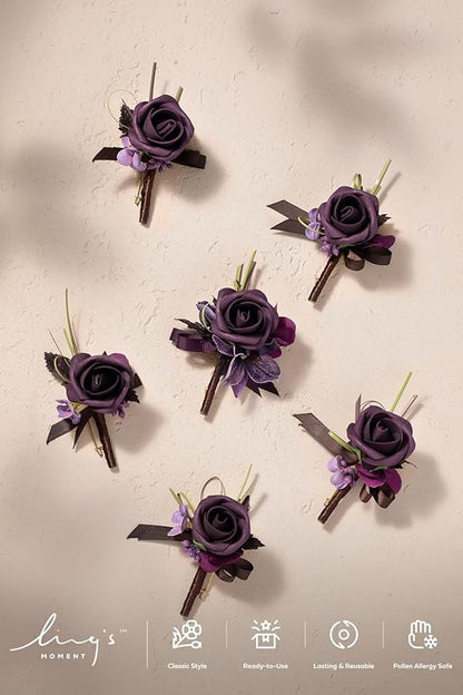 Ling's moment Boutonniere for Men, 6pcs Groom Groomsmen Boutonniere, Artificial Flowers for Wedding Decor/Prom/Homecoming, etc.Deep Purple
