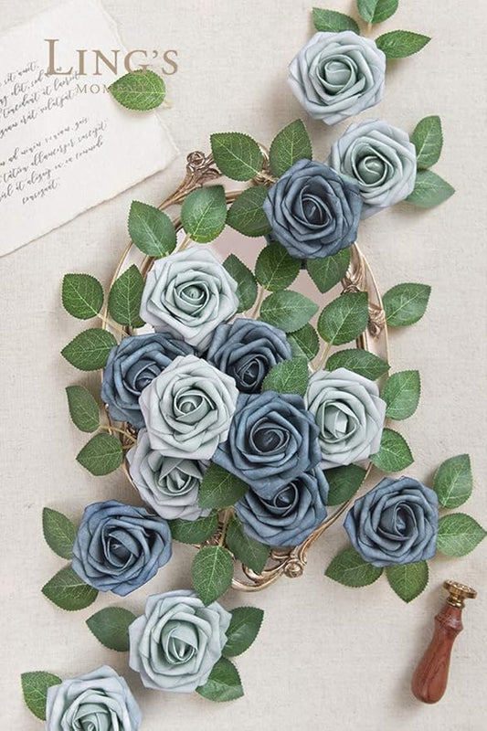 Ling's moment Artificial Flowers 25Pcs Dusty Blue & Navy Roses Decor w/Stems,3" Real Touch DIY Foam Floral for Wedding Bouquet/Centerpieces, Outdoors Party Backdrop, Room/Table, and Garden/Pot Decor