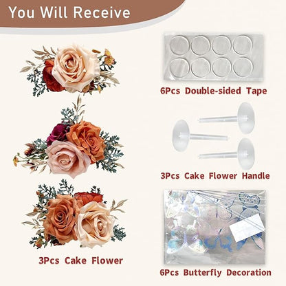 Pre-Made Burnt Orange Silk Flowers for Cakes Decorations Sunset Terracotta Artificial Rose Peony Fall Wedding Cake Toppers Decorating Fake Floral Rust Anniversary Birthday Party Arrangements Table
