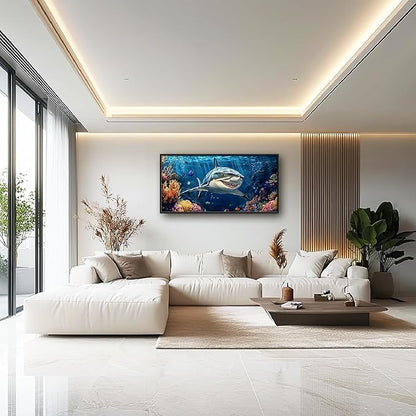 Large Ocean Shark Wall Art for Living Room, Framed Oversized Shark Fish Wall Decor Underwater Marine Life Canvas Painting Modern Artwork for Living Room Bathroom Bedroom Office Dining Room 60"x30"