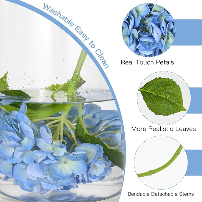 4Pcs Hydrangea Artificial Flowers, 22.44" Real Touch Latex Faux Hydrangea with Long Stems & Leaves for Home Office Decor or Wedding, Party, Centerpieces, Floral Arrangements (White&Blue)