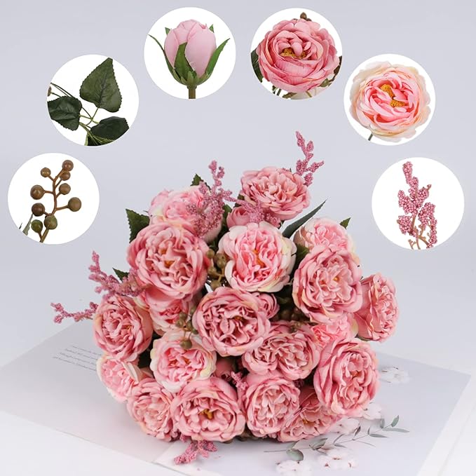 Artificial Peonies Silk Flowers, Pink Faux Peony Bouquet 4 Bundles Florals Arrangements for Farmhouse Home Boho Wedding Table Centerpiece, Fake Plastic Flowers Bulk for Vase Decoration (Blush Pink)