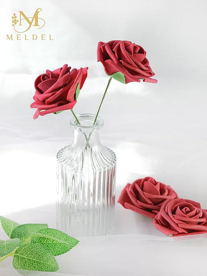Meldel Artificial Flower 25pcs Real Looking Red Fake Foam Roses with Stems for DIY Wedding Bouquets Gifts Bridal Shower Faux Floral Centerpieces Arrangements Home Party Tables Decorations