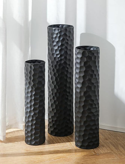 Sziqiqi Black Tall Floor Vase: 27/23/20in Large Floor Vases Standing for Living Room - Hammered Metal Floor Vases Set of 3 - Cylinder Flower Vase for Dining Bedroom Home Corner Indoor Office