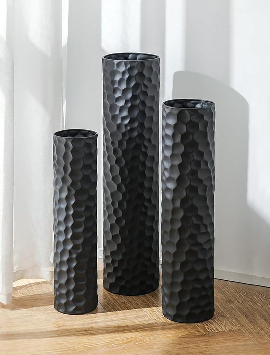 Sziqiqi Black Tall Floor Vase: 27/23/20in Large Floor Vases Standing for Living Room - Hammered Metal Floor Vases Set of 3 - Cylinder Flower Vase for Dining Bedroom Home Corner Indoor Office