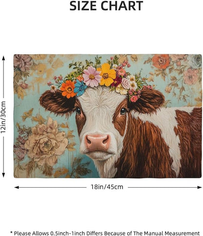 Farmhouse Cow Placemats Set of 6 Washable Table Mats Spring Cow Floral Heat-Resistant Cotton Linen Place Mats for Dining Table Kitchen Indoor Outdoor Party Holiday Decor