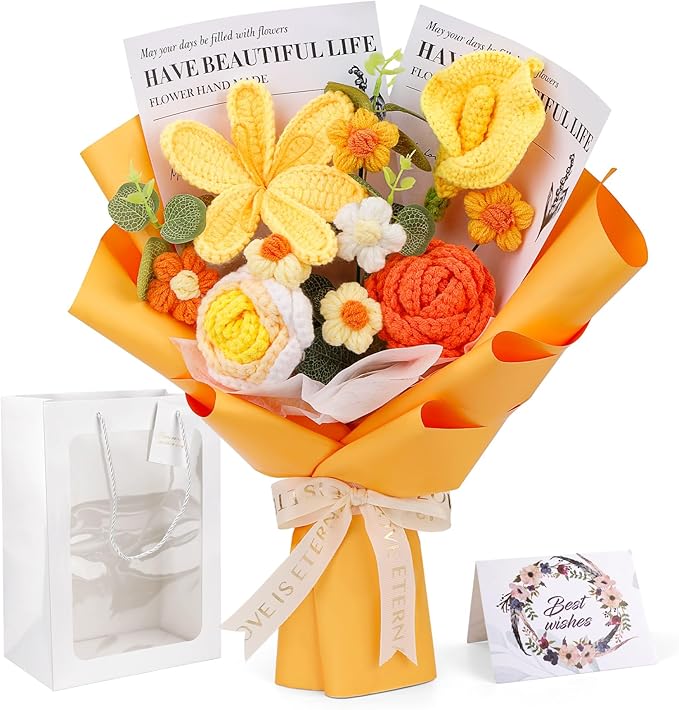 Crochet Flowers Cute Bouquet, Handmade Crochet Flowers Knitted Bouquet, Tulips Flower and Calla Lily for Birthday, Teacher’s Day, Graduation, Valentines (Yellow)