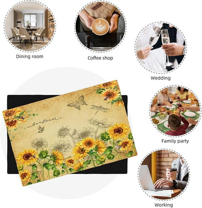 Sunflower Placemats, Rural Vintage Old Watercolour Sunflower Butterfly Flower Bee Print Washable Fabric Placemats Table Kitchen Dining Party 12x18 Inch Set of 4