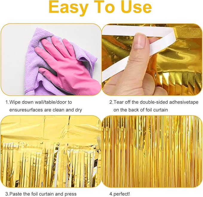 2 Pack 3.28 ft x 6.56 ft Golden Tinsel Curtain Party Backdrop Decorations, Metallic Foil Fringe Backdrop Door for Halloween, Christmas, Birthday Graduat