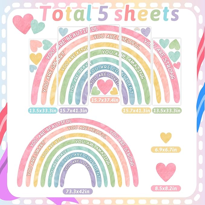 Large Rainbow Wall Stickers Kids Inspirational Wall Decal for Girl Bedroom Peel and Stick Watercolor Rainbow Wall Decals Pastel Pink You are Decor Vinyl Positive Art Murals for Baby Bedroom Playroom