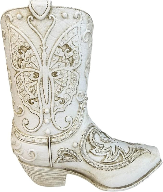 Top Brass Butterfly Boot Vase – Resin Cowboy/Cowgirl Boot Decor - Antique White Finish, Tooled Leather Look, Protective Pads, Modern Rustic Western Flower Holder, 7” Tall