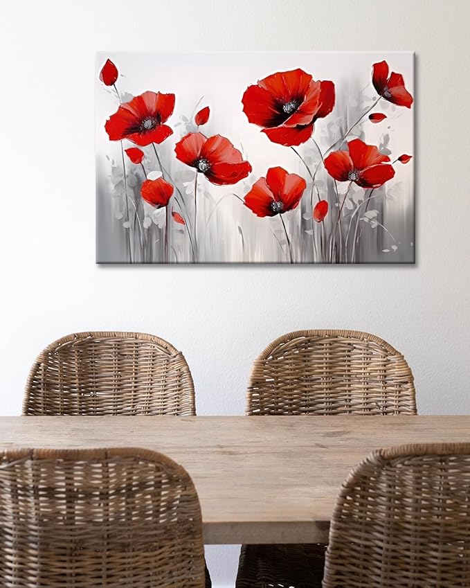 GLOKAK Red Poppies Wall Art - Modern Floral Red Poppy Flower on Grey Background Painting Poster Canvas Print Artwork For Home Bathroom Bedroom Decoration (20"x30")
