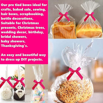 50 PCS 3 Inch Twist Bows for Treat Bags, Satin Twist Tie Bows, Pre Tied Bows with Wire, Ribbon Bows with Twist Ties, Bow Ties for Gift Bags, Popcorn Bags, Cookie Bags, Party Favors (Hot Pink)