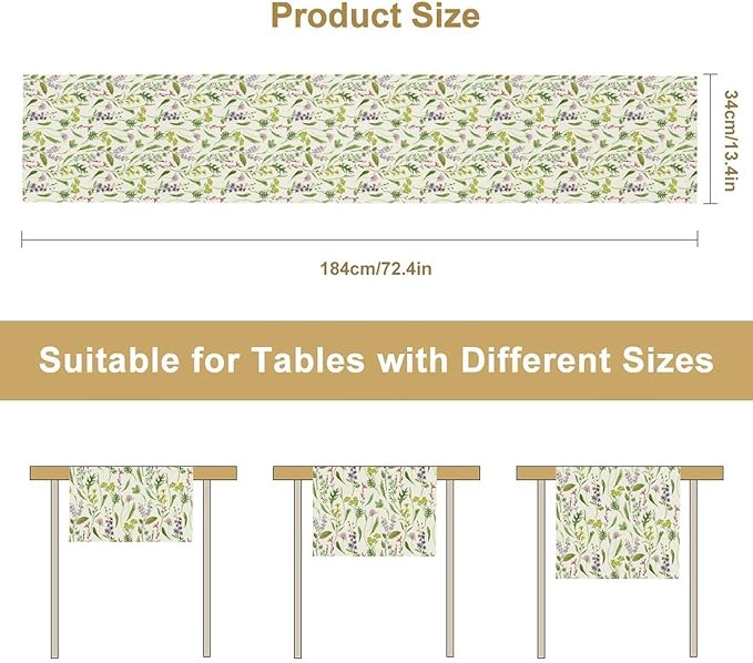 Wildflower Table Runner, Watercolor Green Botanical Flowers Vintage Bohemian Design Table Runner for Kitchen Dining Home Party Home Decor , 13x60 Inch