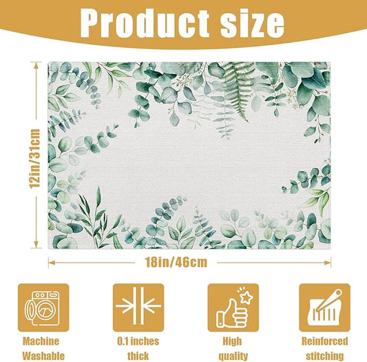 Eucalyptus Leaves Placemats Set of 6, Sage Green Linen Place Mat Washable Stain Resistant Table Mats for Farmhouse Kitchen Dining Party Wedding Decor 12x18 Inch