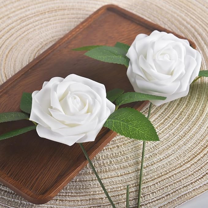 homEdge Artificial Rose, 25pcs Foam Artificial Flowers with Stem for Home Decorations, Wedding Bouquets, Party, Certerpieces, Anniversaries-White