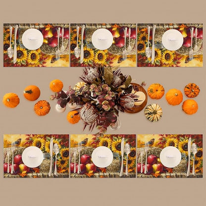 Autumn Apple Flower Sunflower Placemats Set of 6 PVC Vinyl Non Slip Table Mats Heat Resistant Place Mats Washable Wipeable Dining Table Mat for Kitchen Decor Party Indoor Outdoor Decorative Gift