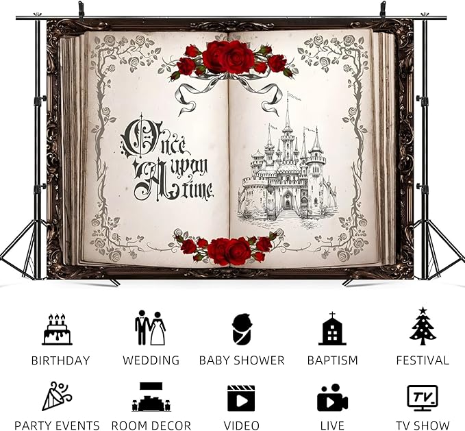 6x4ft Once Upon a Time Backdrop Princess Castle Wedding Party Photography Background Fairytale Book Romantic Story Red Roses Bridal Shower Decorations Birthday Portrait Photo Booth Prop