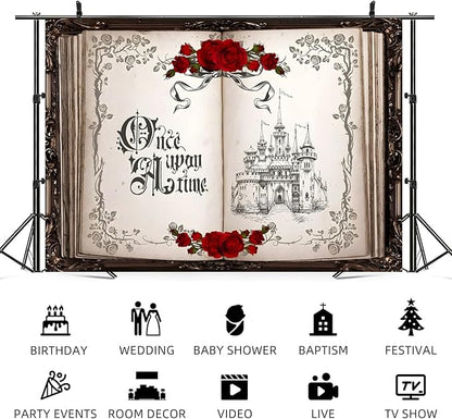8x4ft Once Upon a Time Backdrop Princess Castle Wedding Party Photography Background Fairytale Book Romantic Story Red Roses Bridal Shower Decorations Birthday Portrait Photo Booth Prop